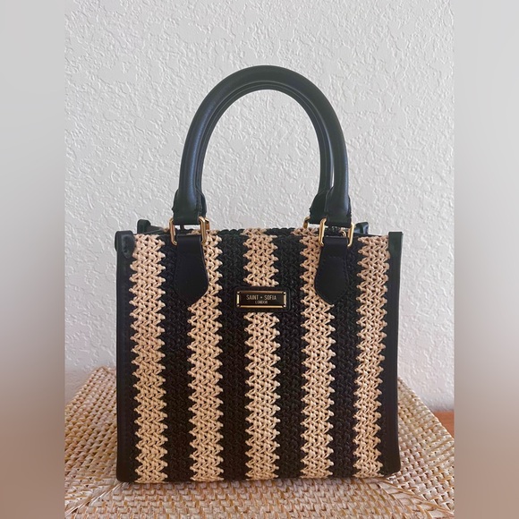 Saint & Sofia Handbags - SAINT & SOFIA Mini Tote Bag Raffia Black/Tan Leather Artisan Handbag W/Strap